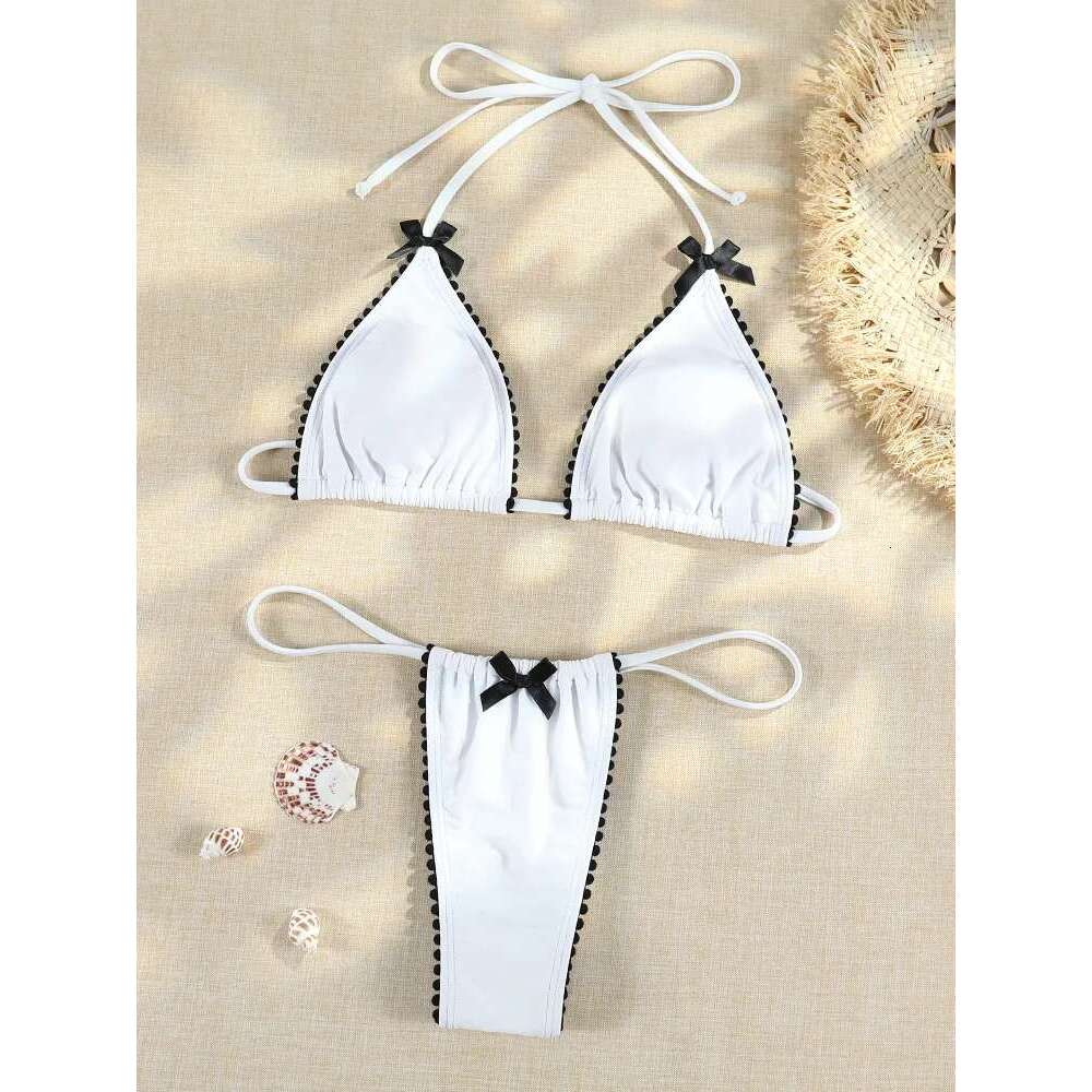 Micro Bowknot Bikinis Set for Women Patchwork Swimsuit Summer Beach Wear White Thong Swimwear Swimming Bathing Suit 2024