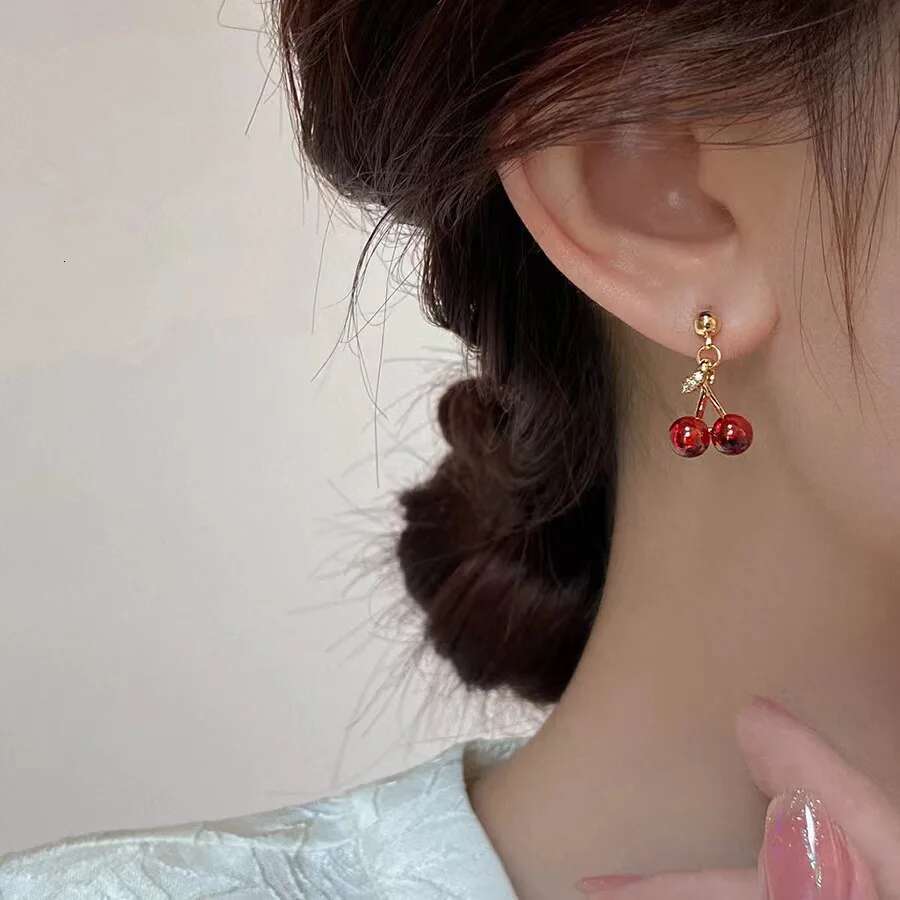 Sweet Red Cherry Pendant Necklace Dangle Stud Earrings Set Shiny Gold Chain White Rhinestone Women Trendy Jewelry