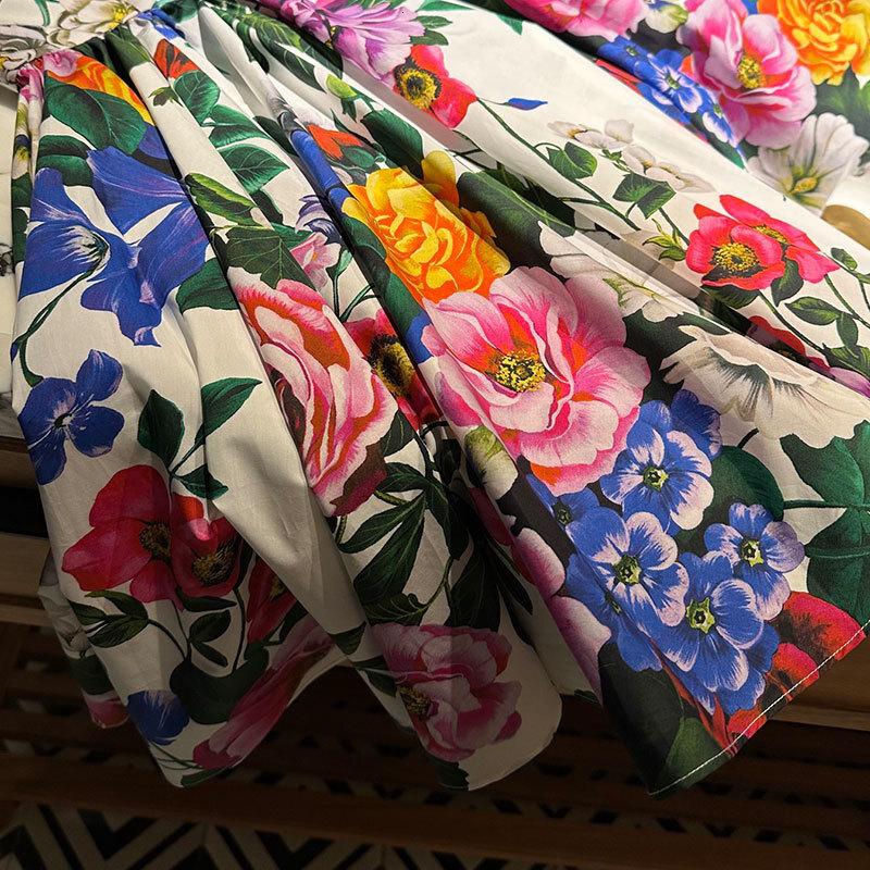 Summer Women's Flower Print Cotton Mini Dresses Designer Fashion Square Neckline Adjustable Straps Waist Up Pleated Vestdios Trendy High-Quality 