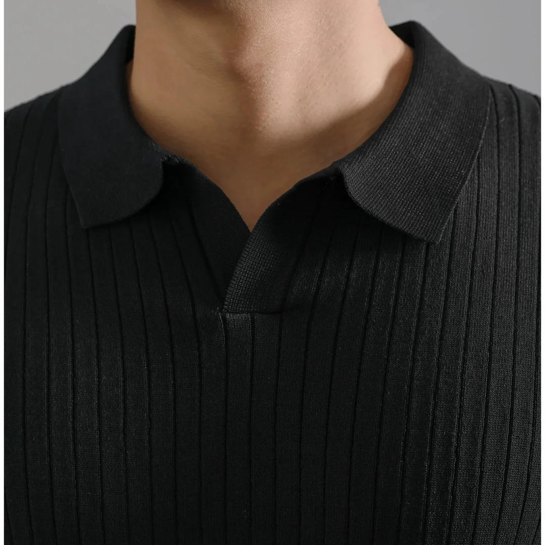 Slavinson Mens Short Sleeve Summer Retro Knit Lapel Striped Top Solid Color Soft Breathable Light Polo Knitwear Men US Size 250515