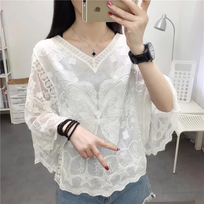 Spring Summer Fashion White Vneck Baty Sleeve Womens Blouse Casual Loose Pullover Sweet ed Lace Lady Tops MS16 250515