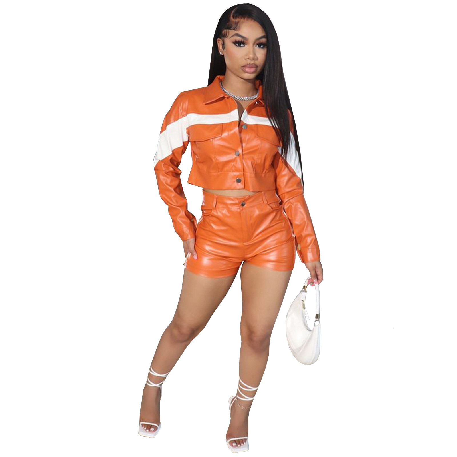 HR23033 Fashion Womens Spring/Summer New Leather Contrast Buckle Lapel Workwear Two Piece Set
