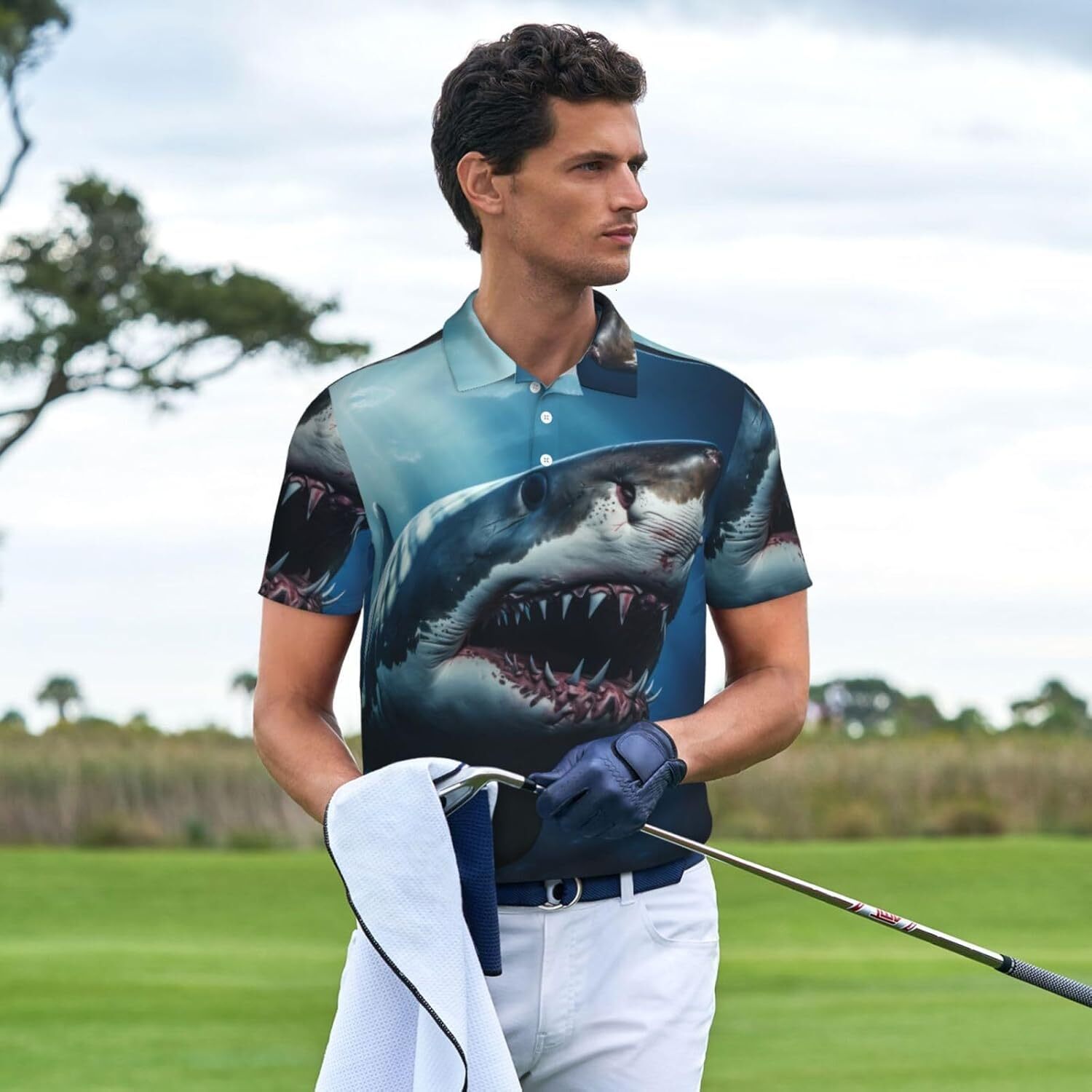 Mens Polo shirt Polo Shirts for Men - 3D Realistic Shark Casual Short Sleeve Button Down Mens Polo Golf Shirts Polos shirts tshirt Casual tops summer 