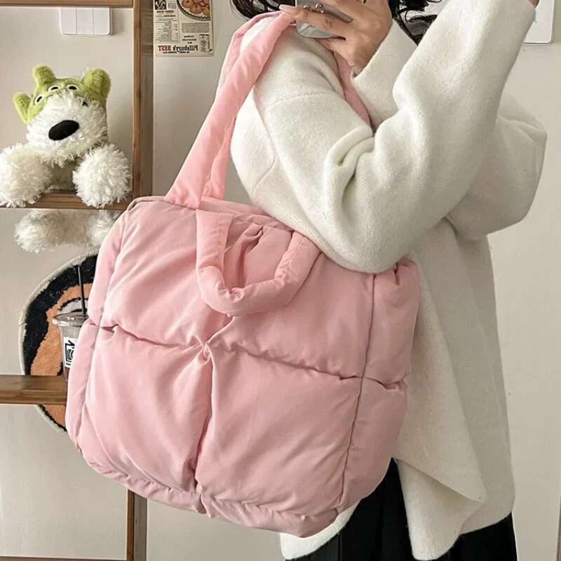 Women Retro Checkered Quilted Shoulder Bag Solid Color Soft Handbags Pink Sapce Padded Tote Brand Designer