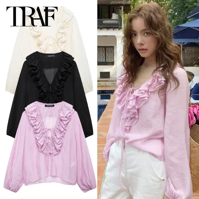 TRAF Woman Oversized Frill Blouse Spring Shirts Blouses SeeThrough Chiffon Long Sleeve Top Layered Plus Size 066 250515