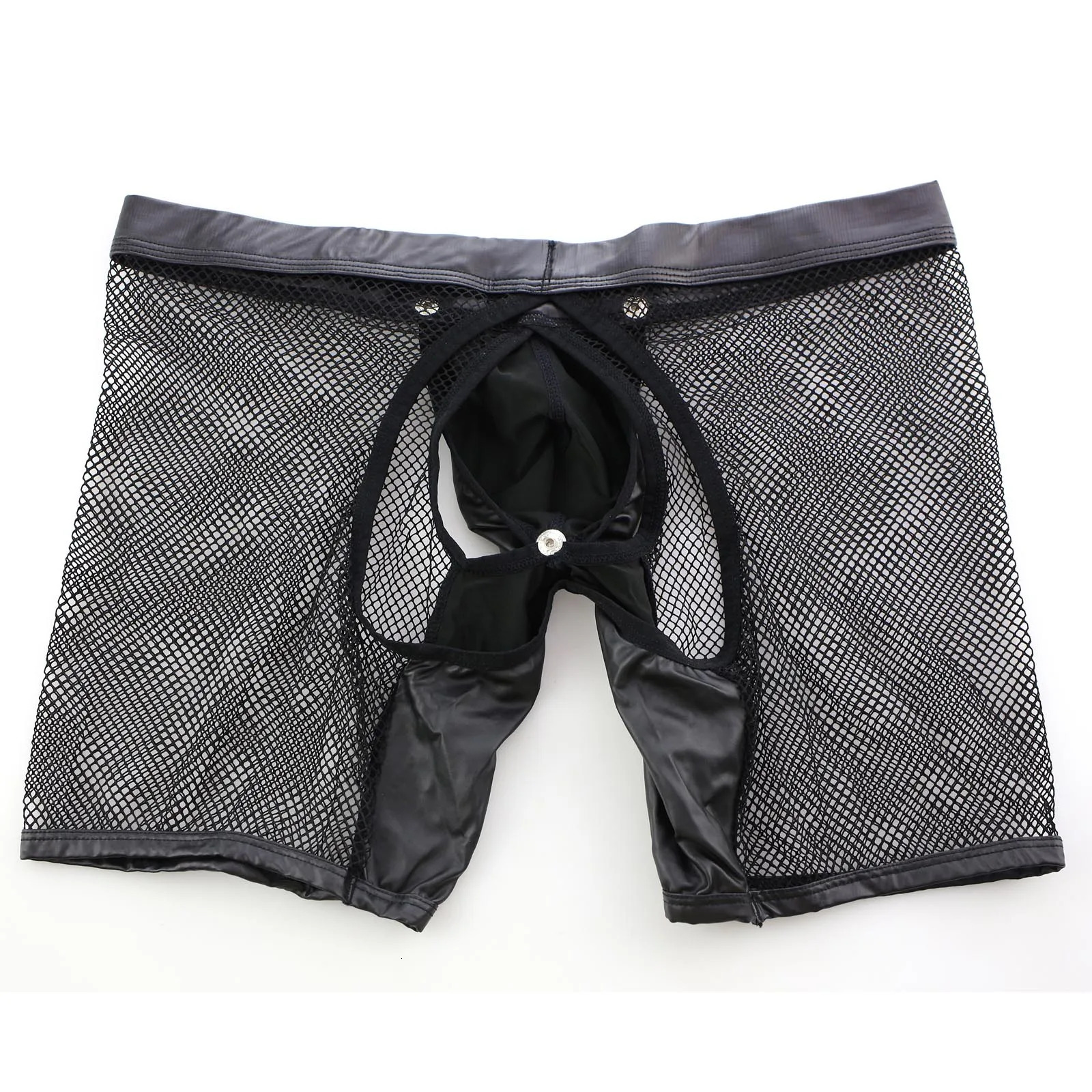 CLEVER-MENMODE Sexy Mesh Lingerie Men Underwear Boxers Shorts PU Leather Open Penis Pouch Transparent Long Leg Open Butt Boxer 250515