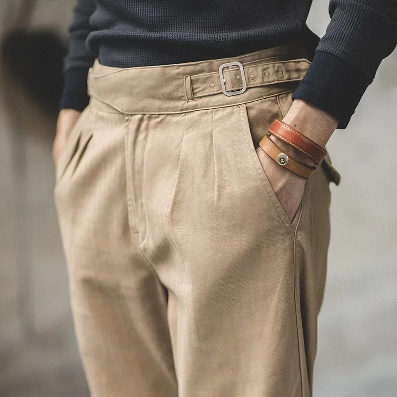 Maden Vintage Khaki Gurkha Pants Adjustable High Waist Casual Cargo Work Classic Straight Trousers Mens Spring and Fall 250515