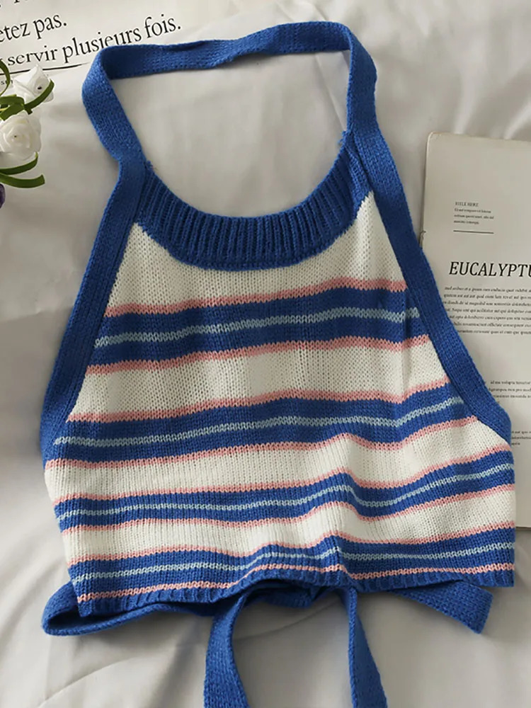 HELIAR Top Women Stripes Crop Tops Knitted Halter Y2K Backless Bandage Round Neck Strappy Sexy Summer 250515