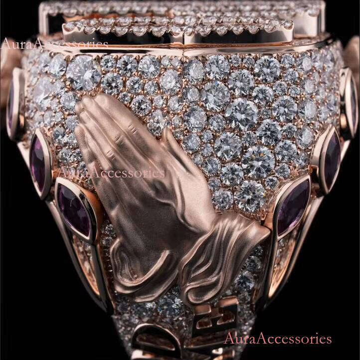 Customized Special Design 3D Pray Hand Rose Gold Sier GRA Certified Moissanite Dia Iced Out Letter Ring