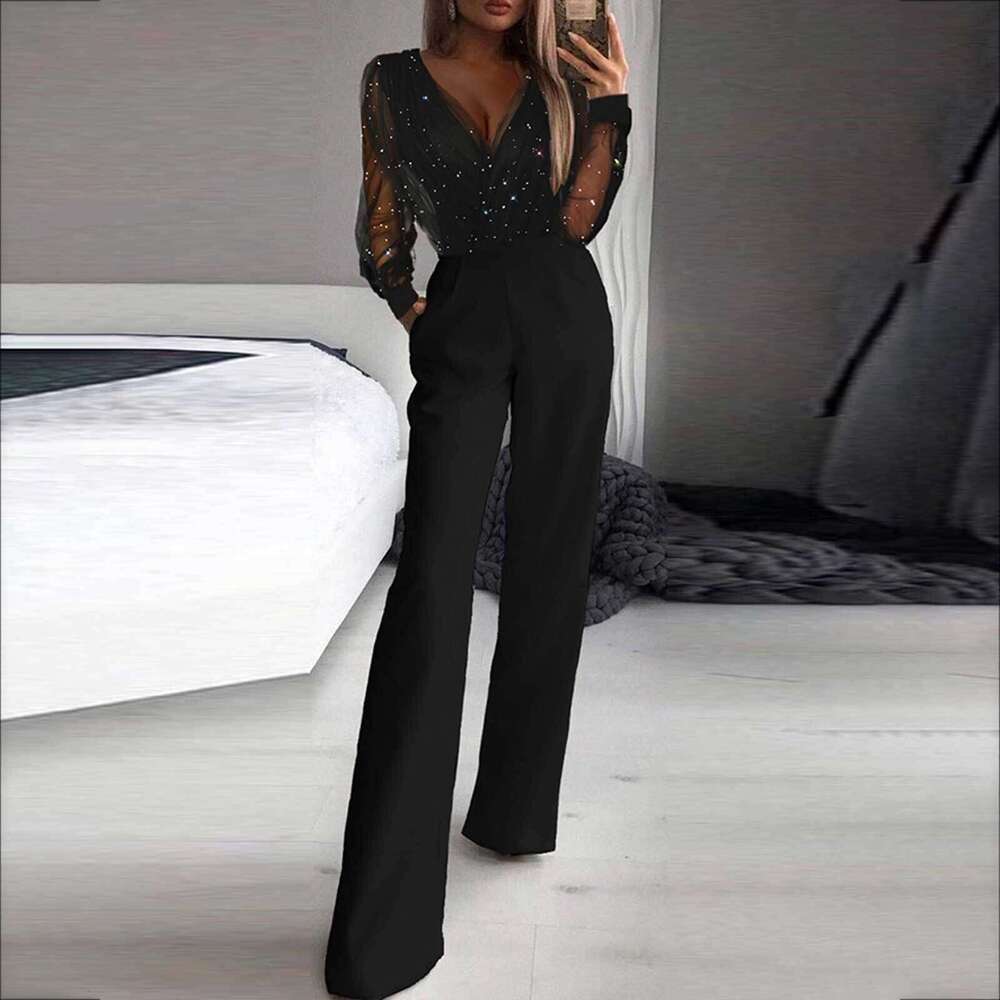 Wide Leg Jumpsuit Women S Mesh Powder Patchwork Jumpsuit
