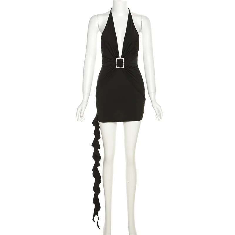 Nibber Women's 2023 Summer Solid Mini Dresses Asymmetrical Suspenders Pleated Sexy Hot Girls Female Dress Nightclub Streetwear