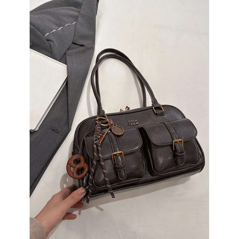 Vintage Brown Tote For Women, Crossbody Shoulder Bag With Metal Buckles & Keychain, Stylish Spacious Daily Purse