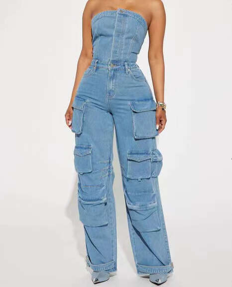 Wide Leg Jumpsuit Personalized Street Style Strapless Waist Cinching Revealing Figure Spicy Girl Multi Pocket Denim Work Pants Jumpsuit