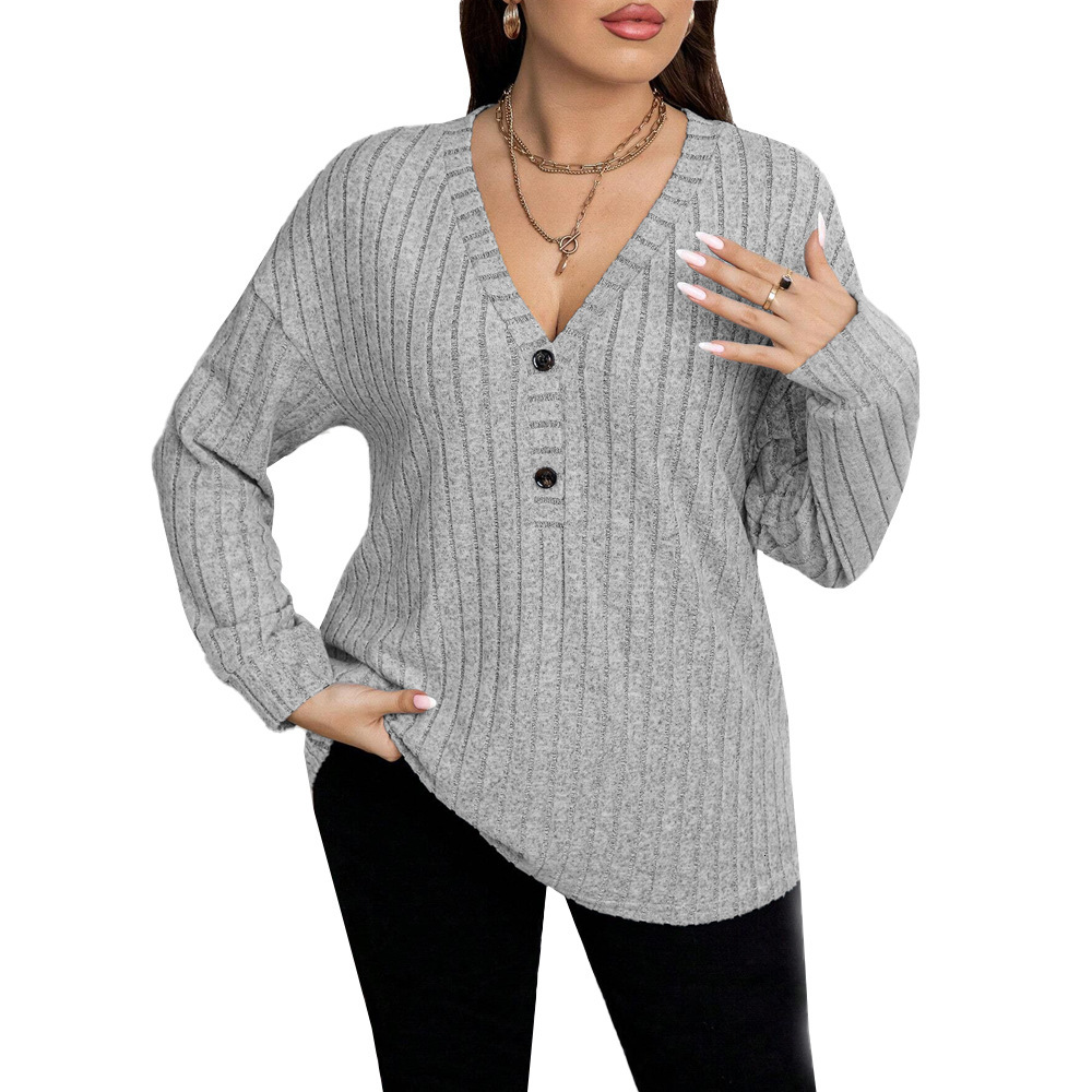 Large Size Womens Simple and Elegant Style T-shirt Autumn and Winter V-neck High-end Temperament Long Sleeved Inner Top