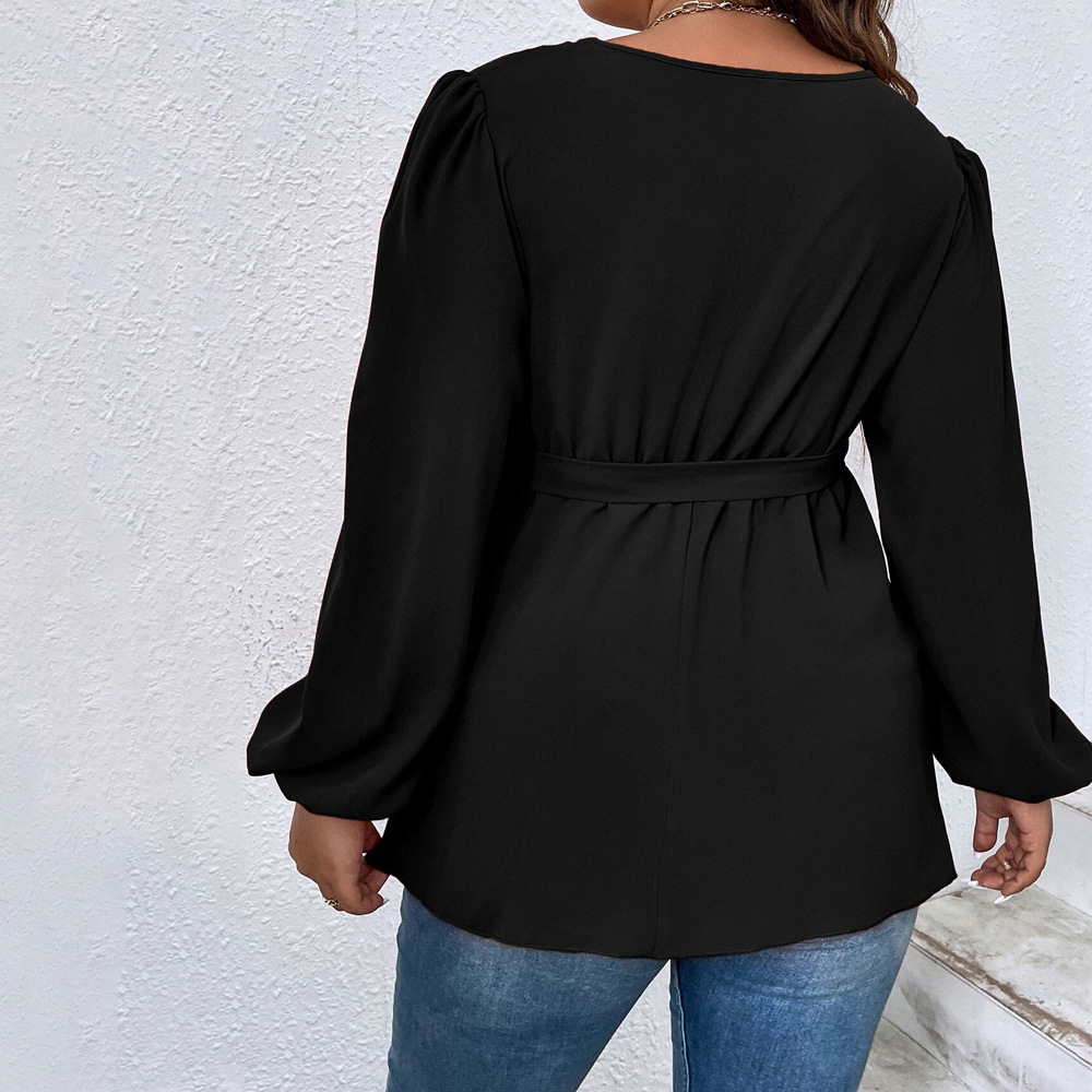 Plus Size Womens V-neck Lantern Sleeve T-shirt with Autumn and Winter Temperament Elegant Slim Fit Top