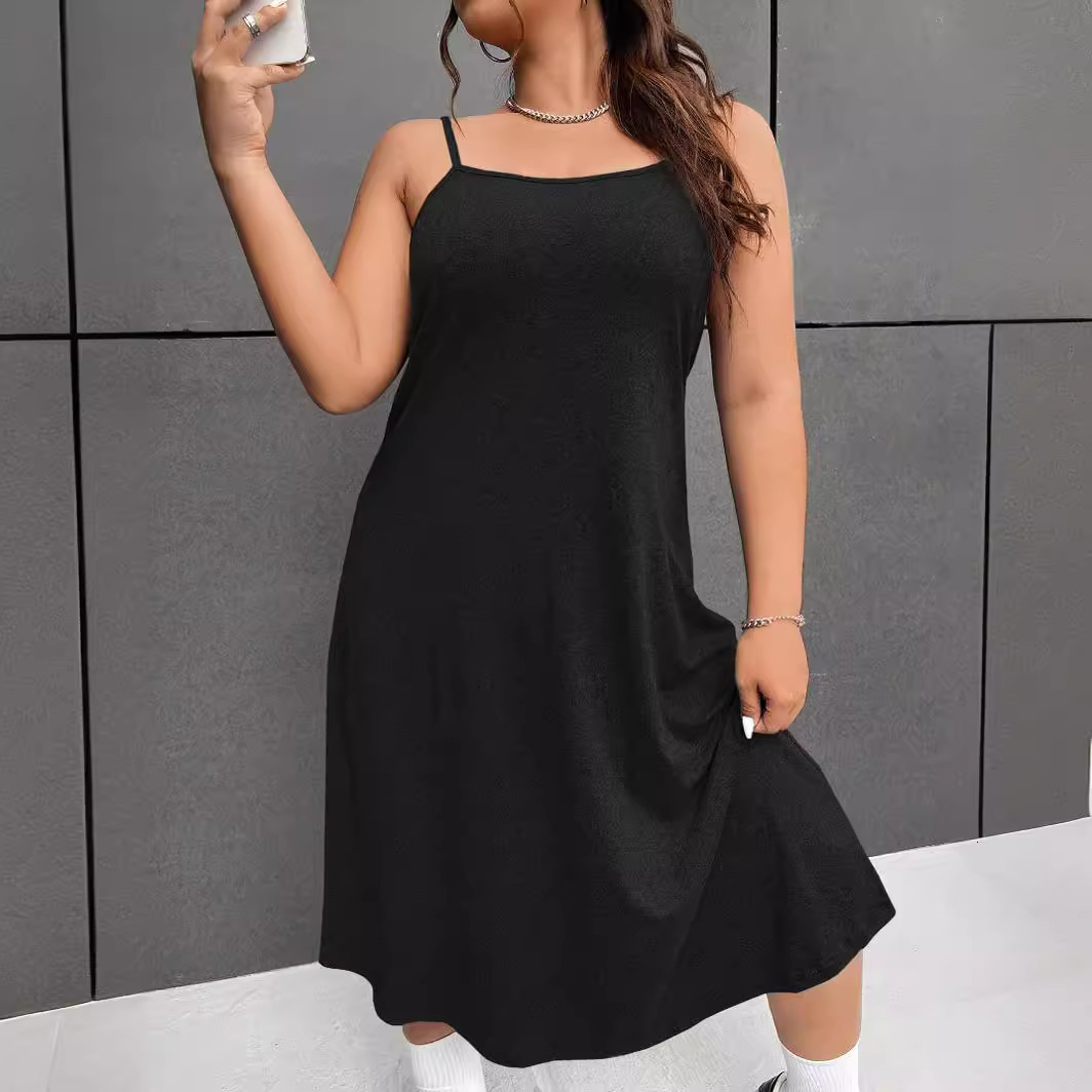 New Plus Size Womens Casual Style U-neck Sleeveless Dress with High Waist and A-line Suspender Skirt