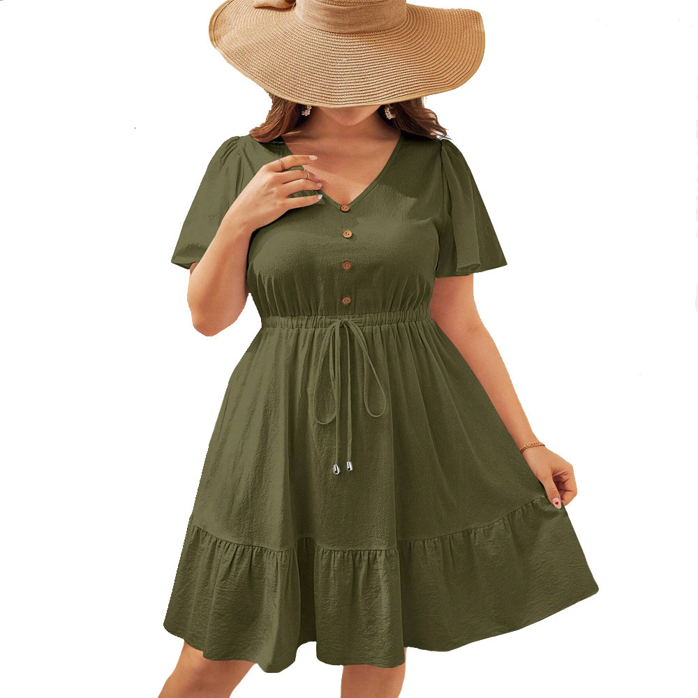Summer Large Womens Style Short Sleeve Waist Strap Holiday Dress