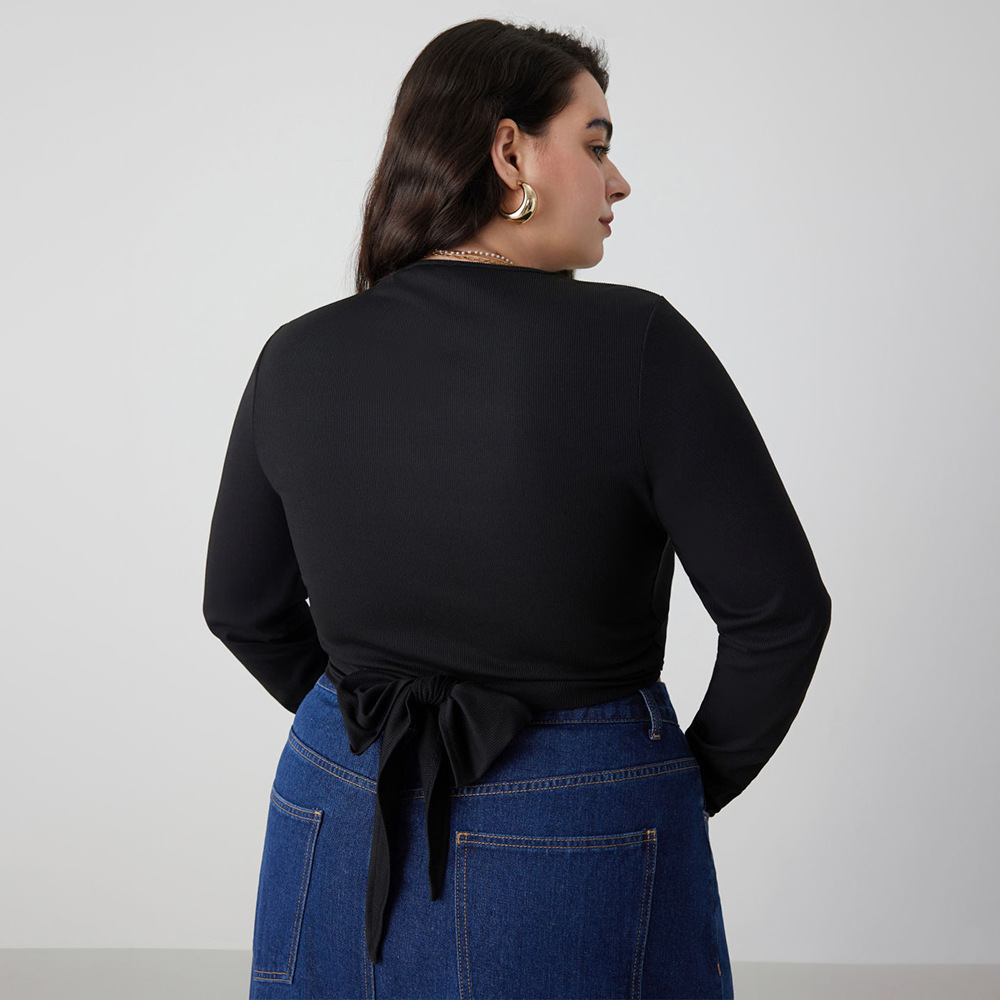 Autumn and Winter New Plus Size Womens Clothing Simple and Sexy Hollow Out T-shirt Slim Fit Long Sleeved Top