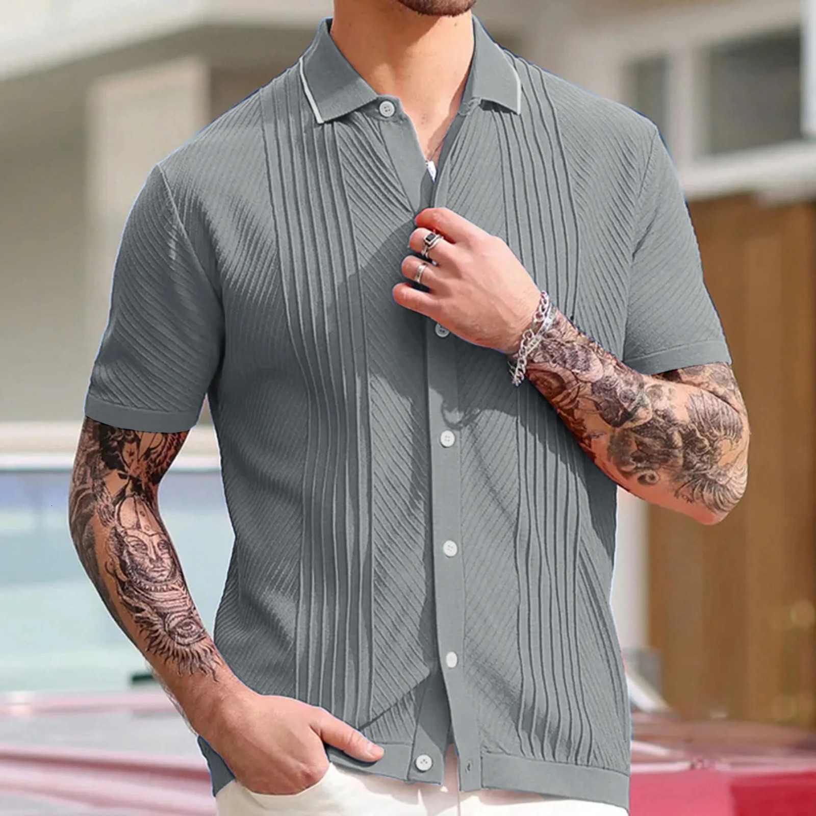 Mens Clothing Knit Short Sleeve Polo Shirt Casual Streetwear Lapel Button Down Cardigan Breathable Tops Summer Knitwear 250515