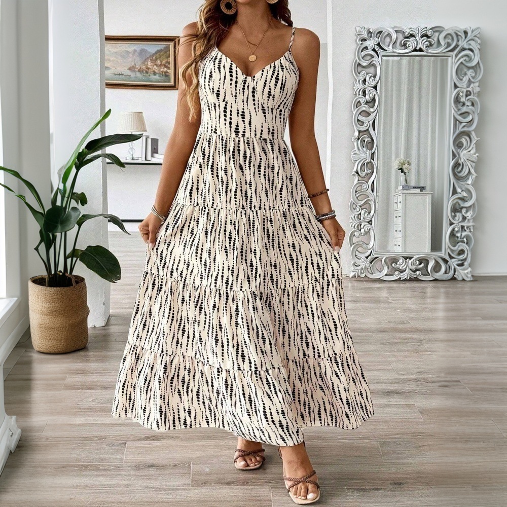 Large Size Womens Artistic Vacation Style Dress for Spring and Summer New Striped Suspender Beach Long Dress