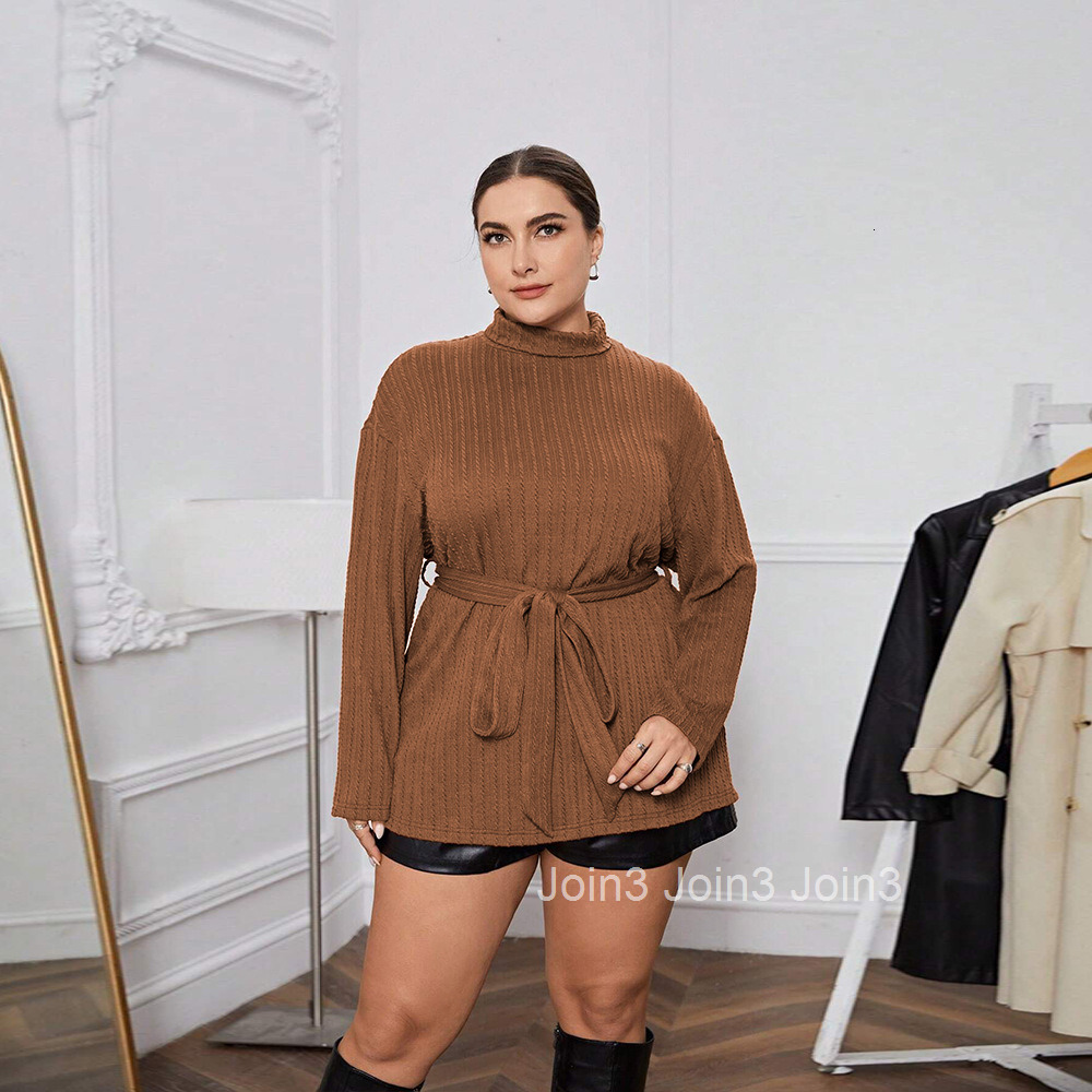 Plus Size Womens Elegant and Intellectual Style T-shirt Autumn and Winter High Neck Loose Slimming Long Sleeved Top for Ladies