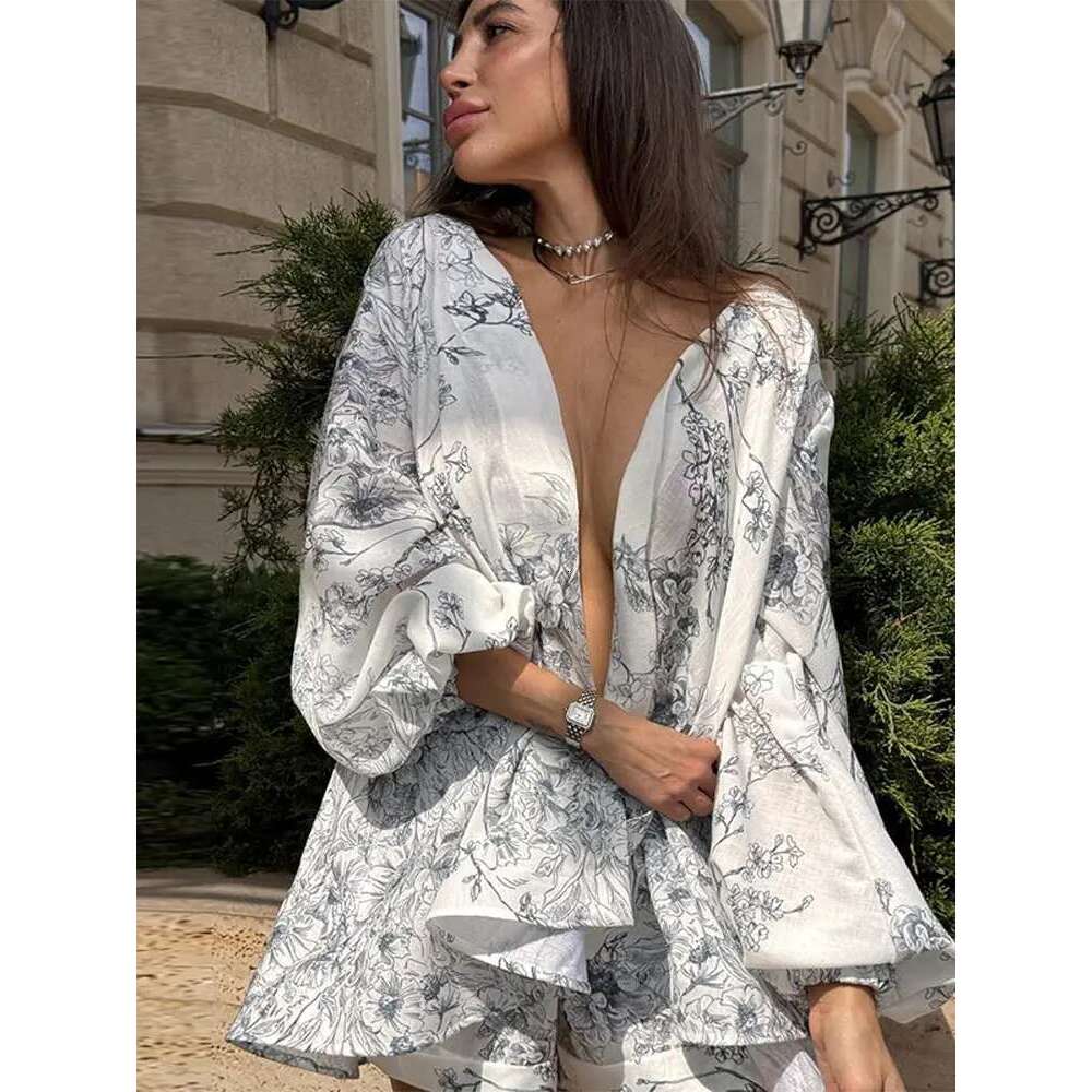 Women's Summer Printed Ruffled Shorts Dress V-neck Lace-Up Backless High-Waist Puffy Dresses Woman New Holiday Vestidos