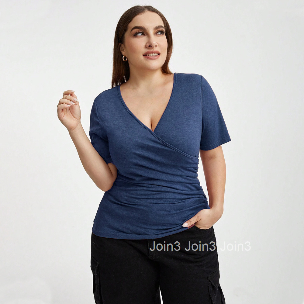 New V-neck Patchwork Wide Slim Fit Autumn Solid Color Top for Women Short Sleeved T-shirt for Women