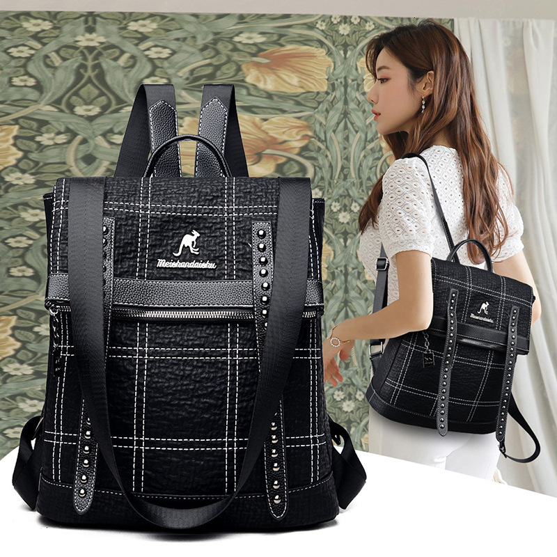 2025S designer women bag new trendy brand fashionable checkered embroidery line dual-use backpack soft leather versatile large capacity travel bag