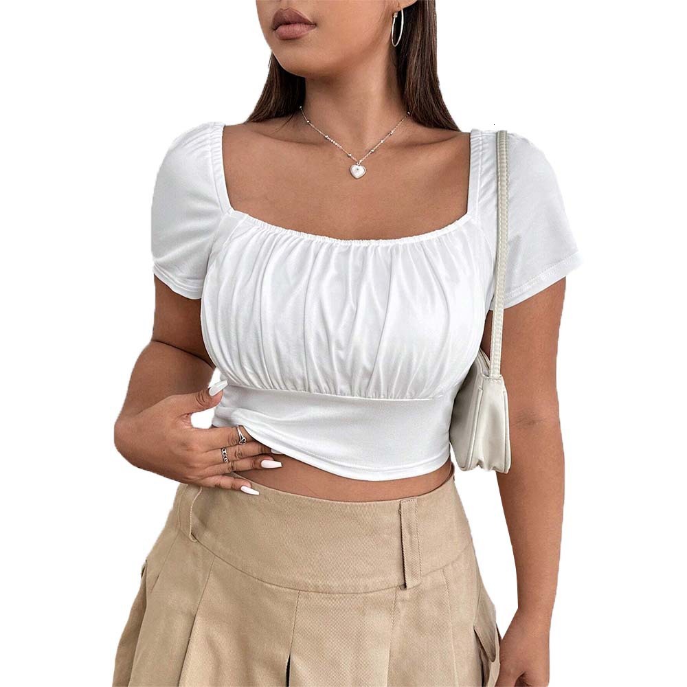 Plus Size Womens Elegant Style Square Neck T-shirt Summer New Slim Fit Solid Color Short Top