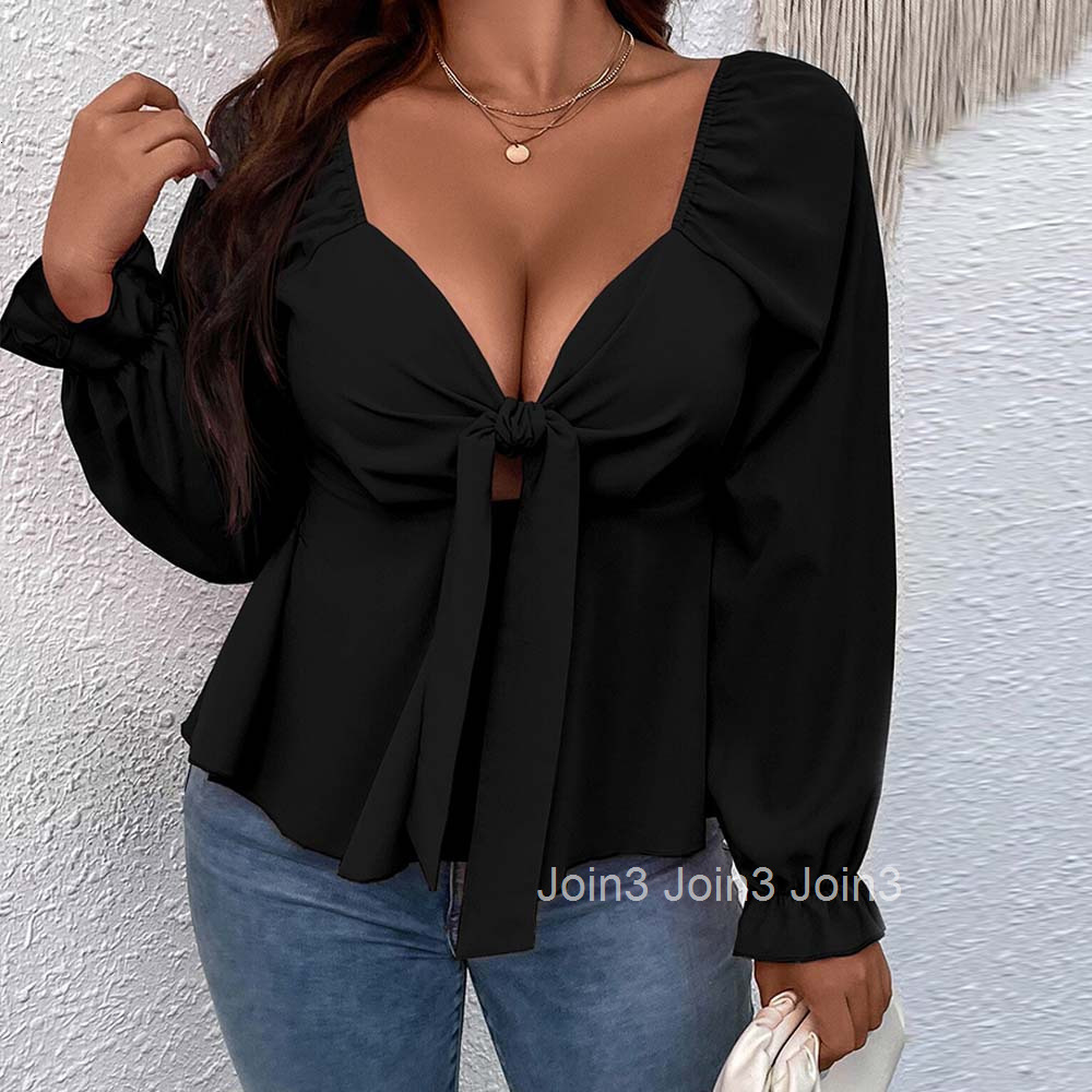 Plus Size Womens French Style Small Fragrance V-neck T-shirt Autumn and Winter Lantern Sleeves Design Sense Slimming Top