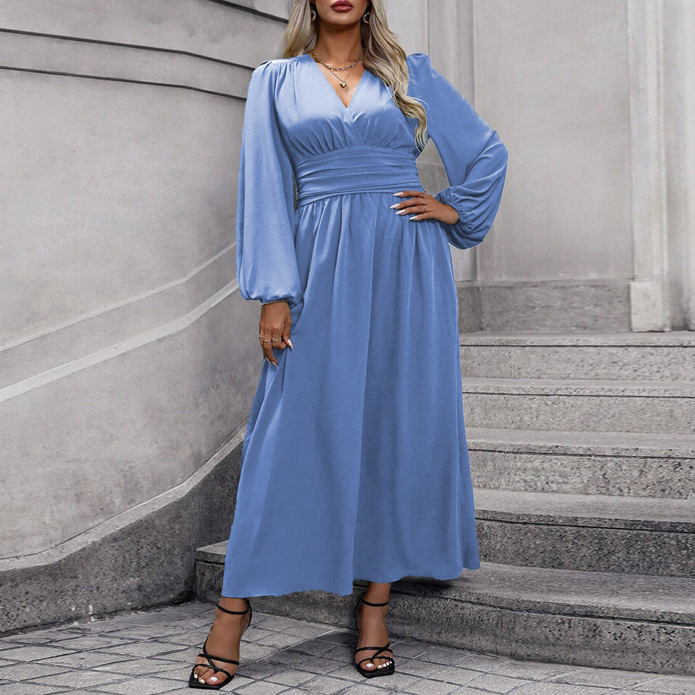 Plus Size Womens Sexy V-neck Cinched Waist Large Skirt Slit Long Sleeved Dress