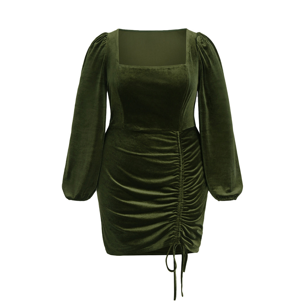 Oversized Womens Clothing Design with Drawstring Spicy Girl Style Bag Hip Skirt Square Neck Long Sleeved Velvet Dress