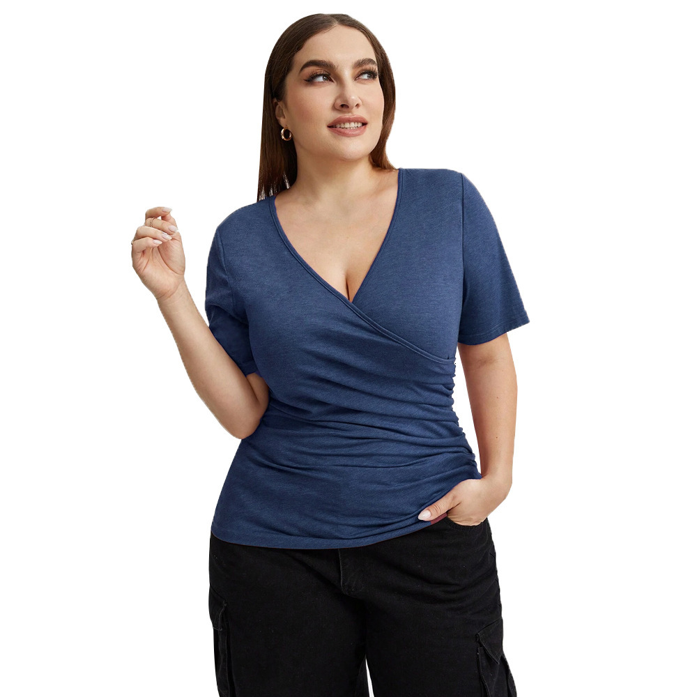 New V-neck Patchwork Wide Slim Fit Autumn Solid Color Top for Women Short Sleeved T-shirt for Women