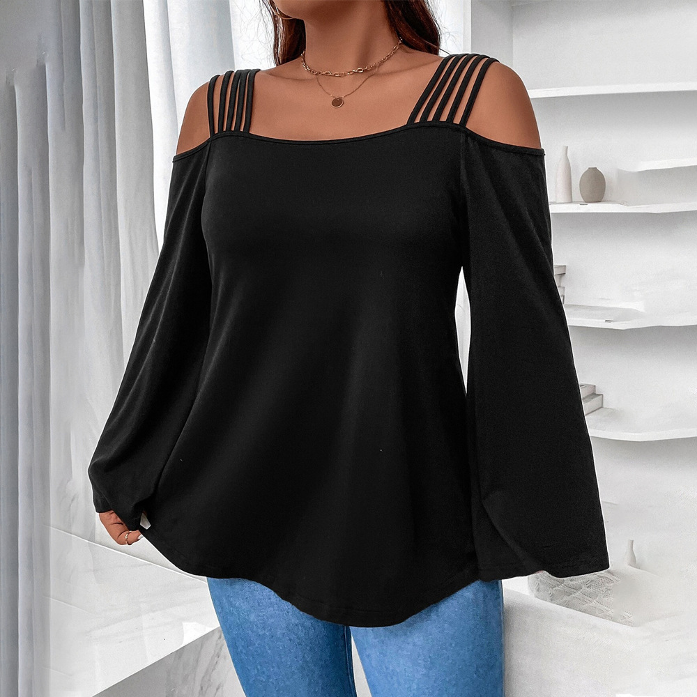 Large Size Womens Solid Color Intellectual Style T-shirt Versatile for Autumn and Winter Loose and Slimming Off Shoulder Camisole Top