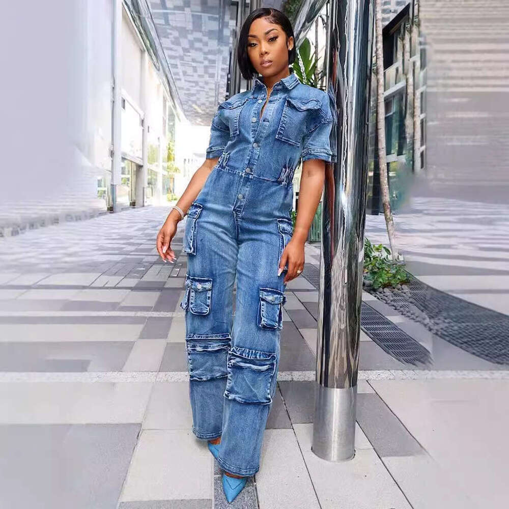 Wide Leg Jumpsuit New Women S Washed Water Work With Multiple Pockets And Button Denim Jumpsuit Short Sleeved Pants
