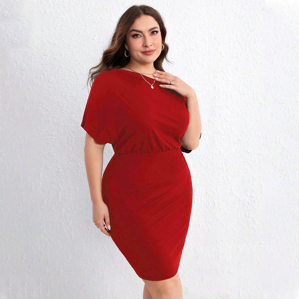 Plus Size Womens Red Dress Summer Diagonal Shoulder Bag Hip Mid Length Skirt Mini Skirt