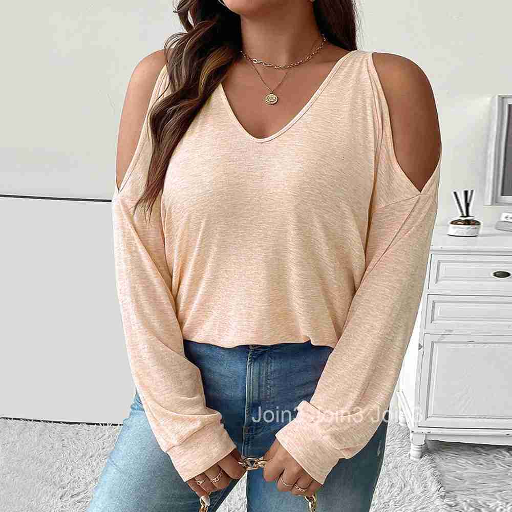Large Size Womens Autumn and Winter Sexy Off Shoulder V-neck Loose Casual Solid Color Long Sleeved T-shirt Top