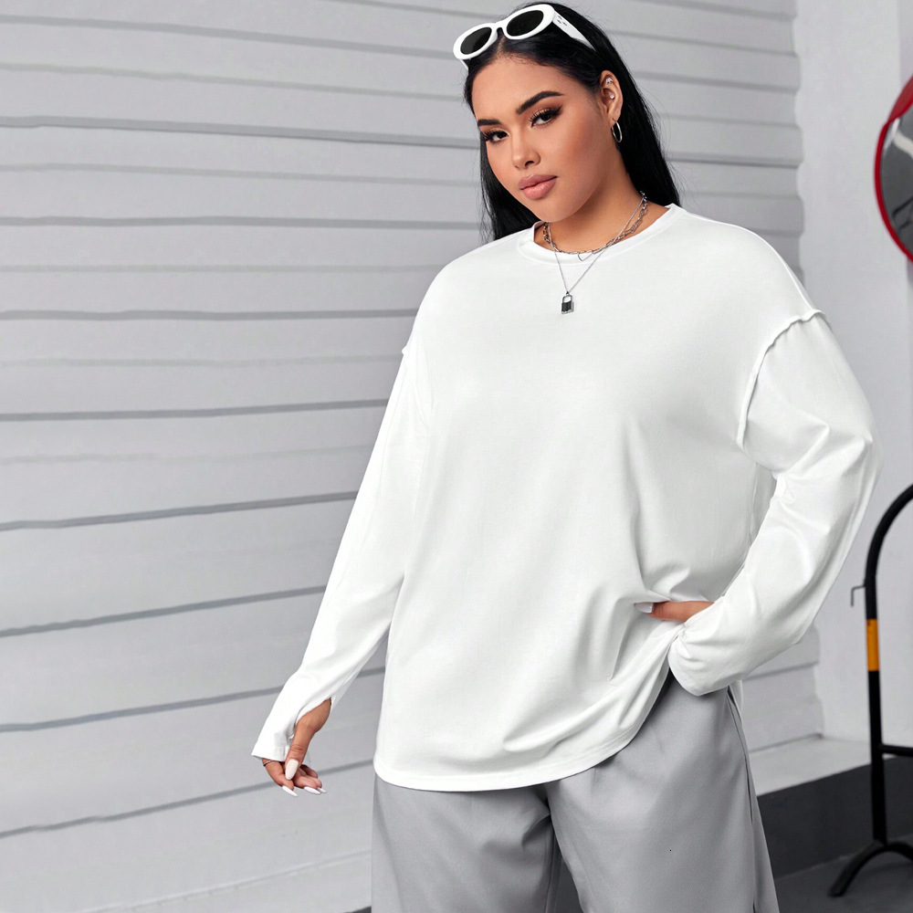 Plus Size Womens Round Neck Simple Style Hoodie for Autumn and Winter Loose and Slimming Comfortable Long Sleeved Top