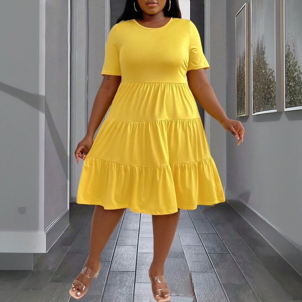 Plus Size Womens Elegant Yellow Dress Spring and Summer New Style Loose and Slimming Mid Length Skirt