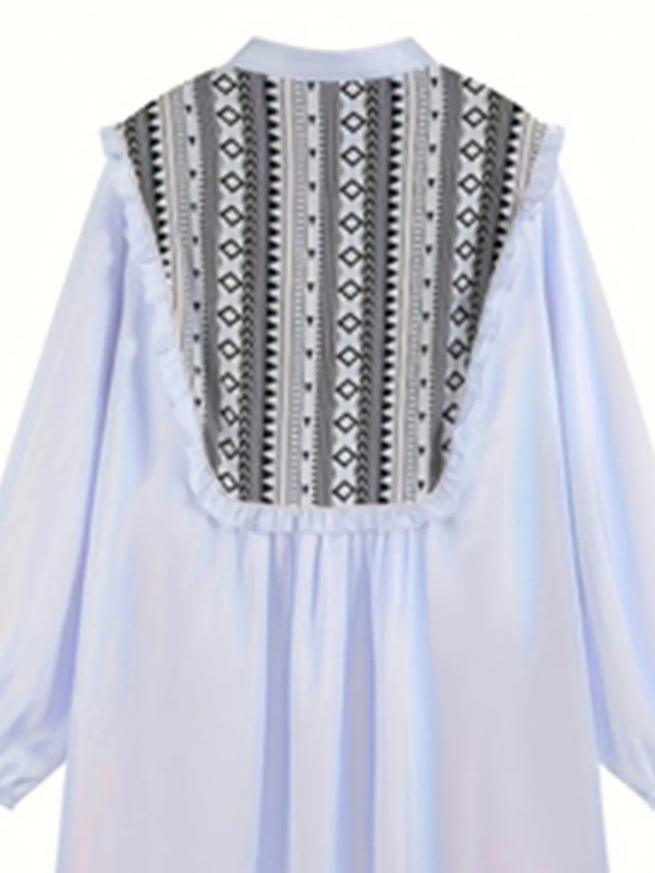 Plus size geometric pattern dress casual tie front plain collar long sleeved plus clothing 250506