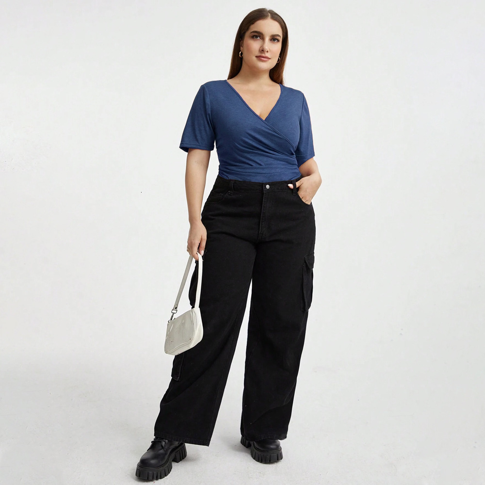 New V-neck Patchwork Wide Slim Fit Autumn Solid Color Top for Women Short Sleeved T-shirt for Women