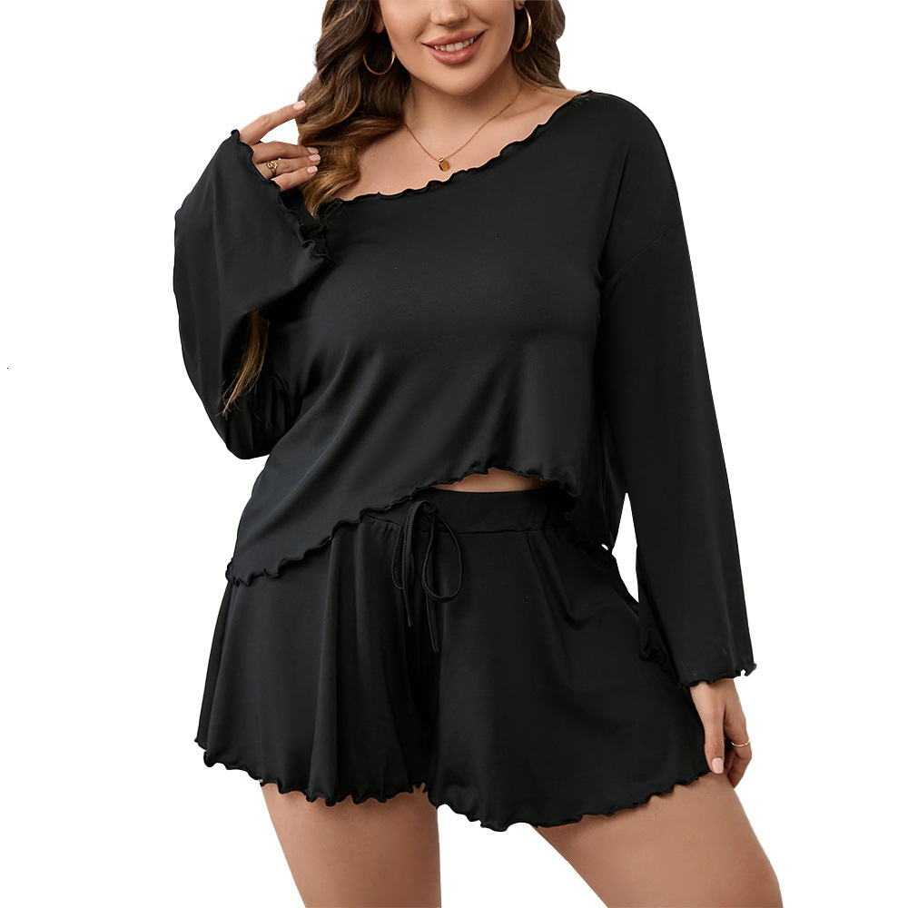 Womens Minimalist Style Plus Size Home Set Summer Mushroom Edge Long Sleeved Short Pants