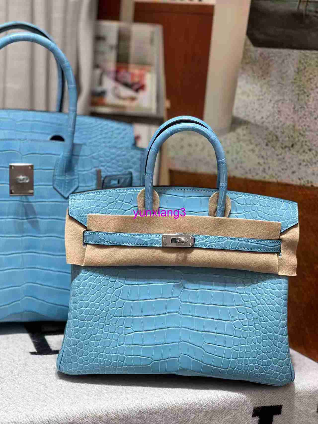 Luxury Block Crocodile Skin Bk Bag 30cm Women's Handbag High End Handmade Saint Elsie Blue