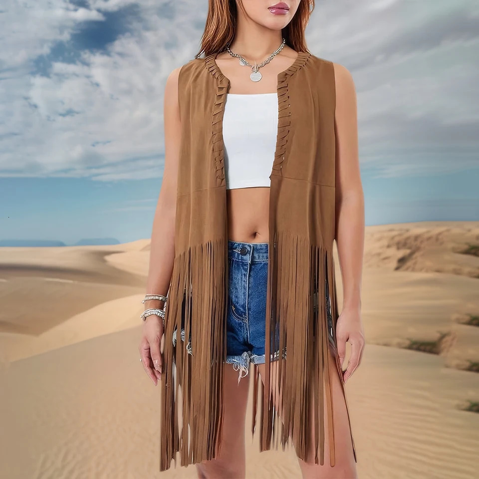 Womens Solid Boho Faux Suede Sleeveless Fringe Open Front Tank Vest Blazer Cardigan Tops Summer Holiday Desert Vacation Outwear 250506