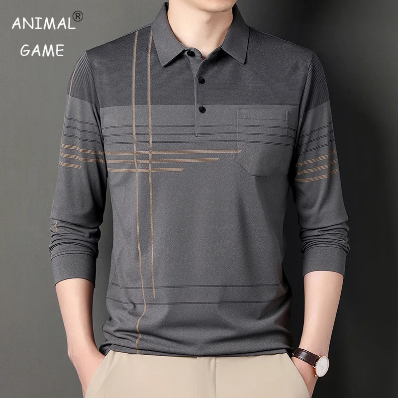 Mens Polo Shirt Longsleeved Polos Lapel Fashion Spring and Autumn Thin Casual Loose Tops Striped Streetwear 250506Z