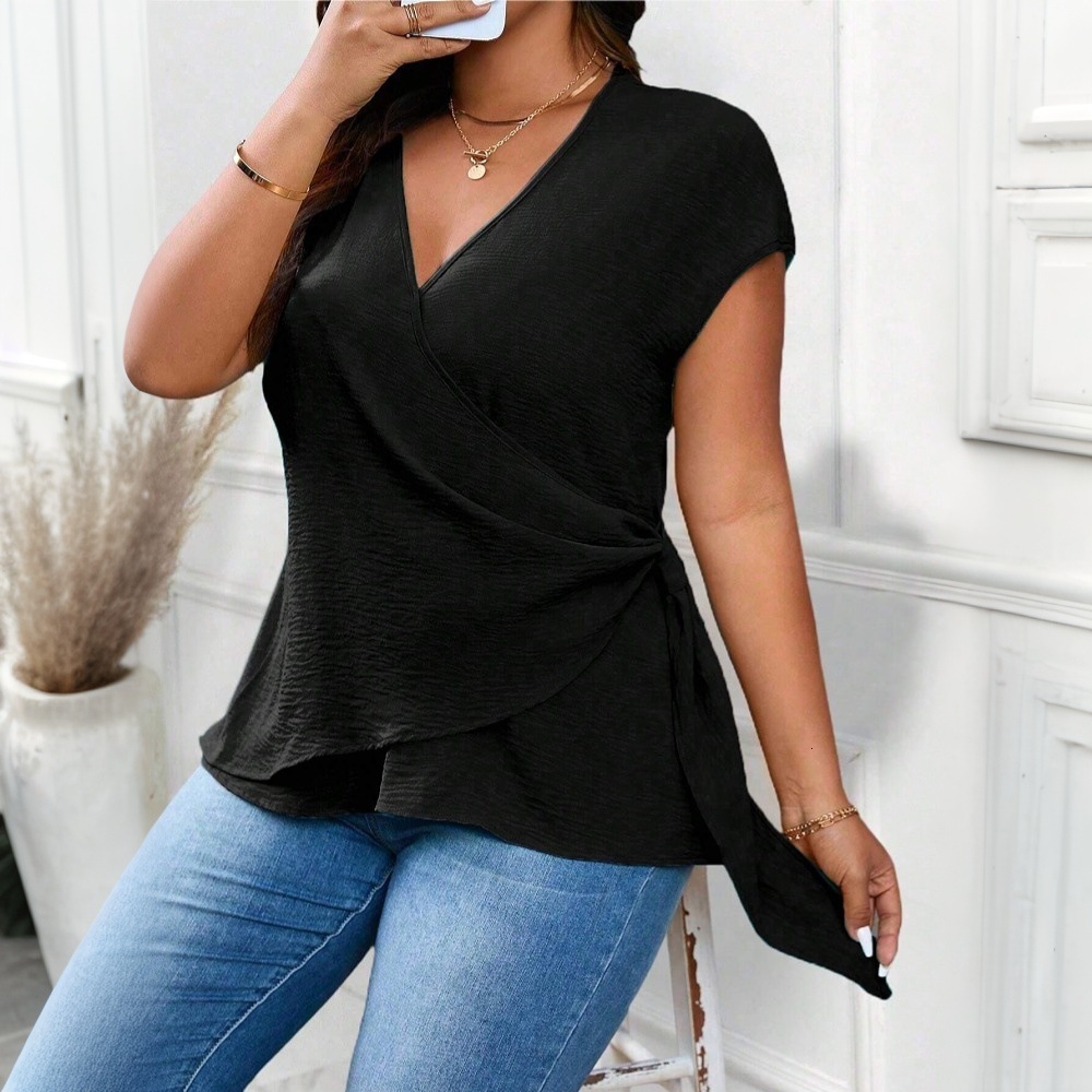2025 Summer Minimalist New Womens Solid Color V-neck Short Sleeved T-shirt Versatile Top