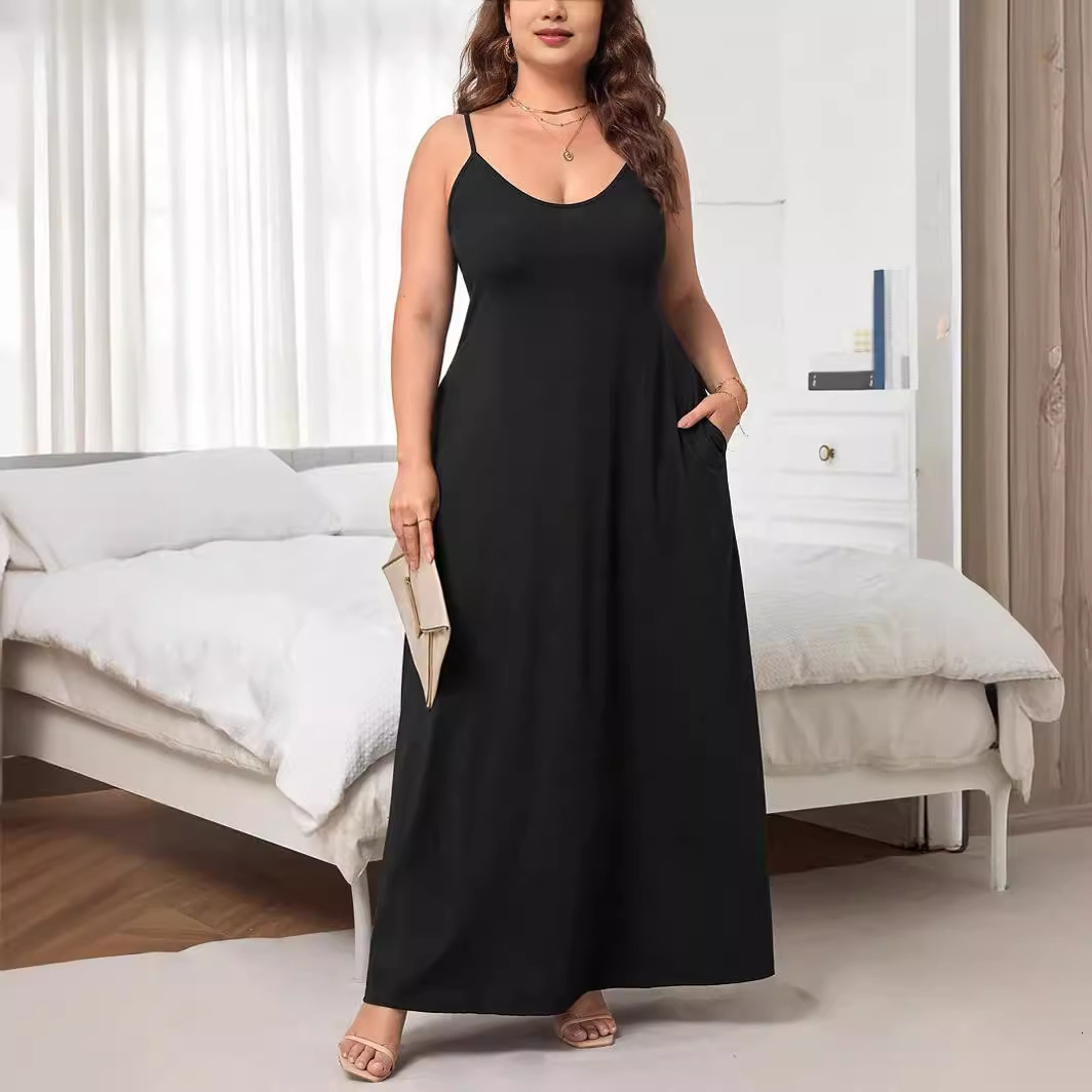 Plus Size Womens U-neck Sleeveless Dress Summer New High Waisted Solid Color Mid Length Skirt
