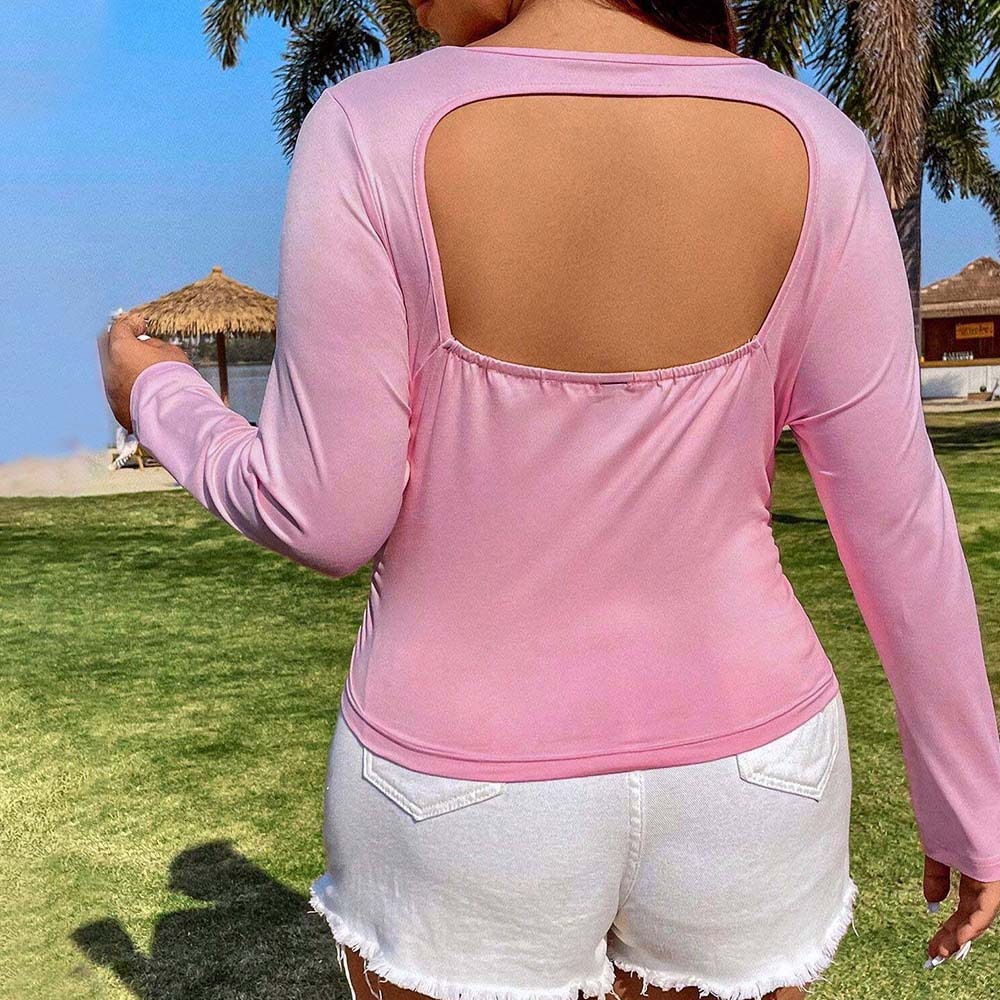 Plus Size Womens Clothing Age Reduction Sweet Style T-shirt Autumn and Winter New Pink Backless Top