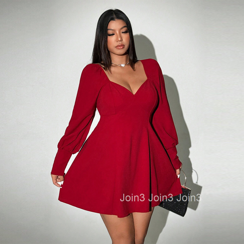 Large Size Womens Clothing High-end and Elegant Wine Red Dress Autumn and Winter New High Waisted V-neck Short Skirt