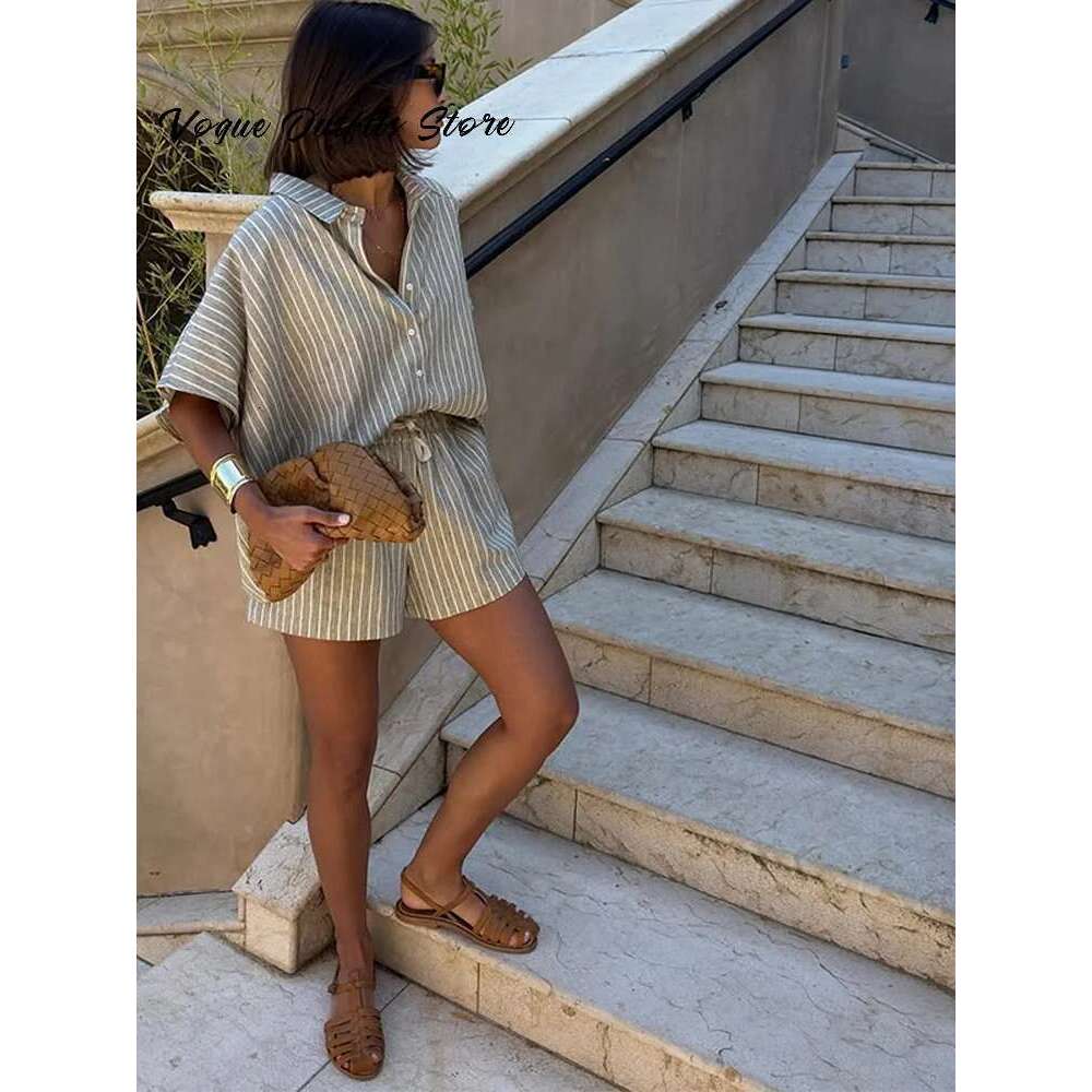 Casual Striped Lace Up Women Suits Lapel Half Sleeve Single Breasted Shirt Wide Leg Shorts Summer New Chic Lady Sets